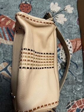 Brighton Cream Leather Shoulder Bag with Woven Multicolor Accent